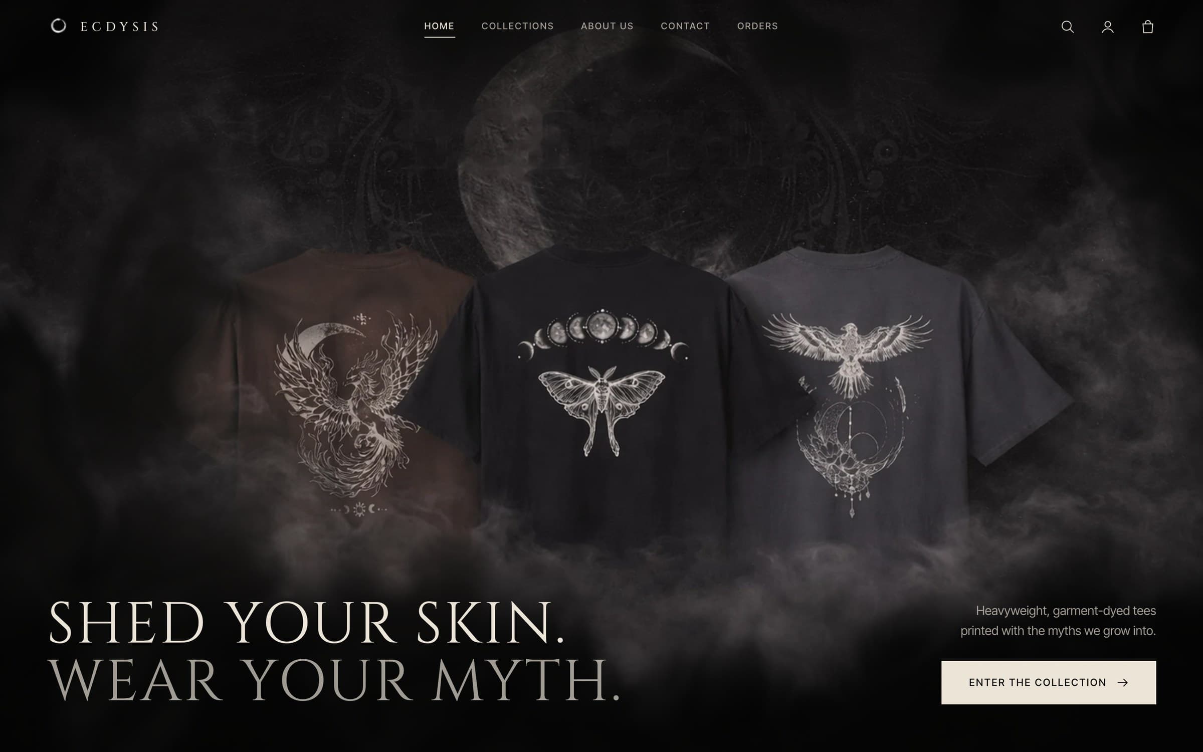 Ecdysis Collective homepage: phoenix, luna moth and eagle tees under a crescent moon, with the line Shed your skin. Wear your myth.