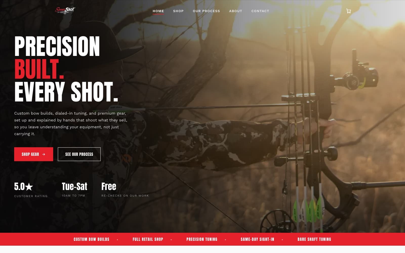 SinnerShot Archery homepage: 'Precision built. Every shot.' over an archer drawing a compound bow at sunset